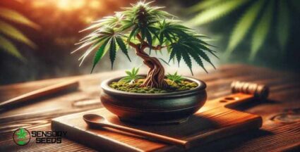 Bonsai di Cannabis su Superficie in Legno con Branding Sensory Seeds